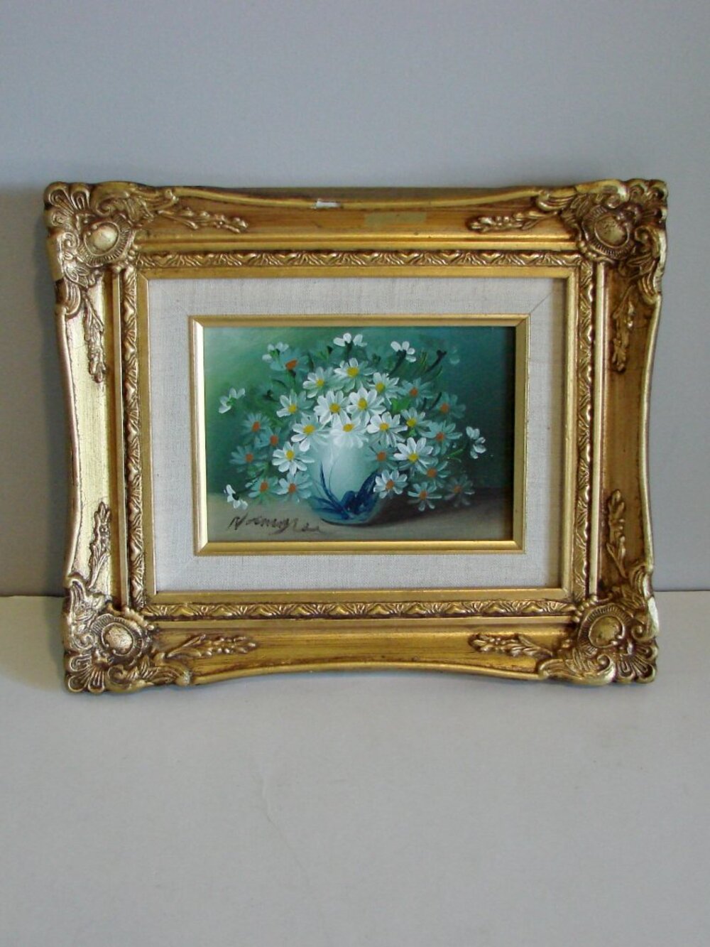 Vintage Oil Painting Floral Daisies Signed by Nancy Lee Ornate Gold Gilt Frame